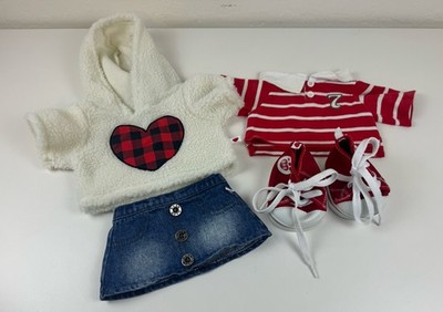 Build A Bear Outfit Red Outfit Lot Sweater, Denim Skirt, Polo Shirt& Red Shoes