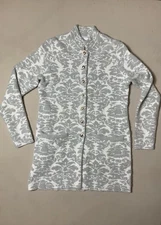 H Halston sz M gray & white jacquard sweater jacket Mandarin Collar inv23