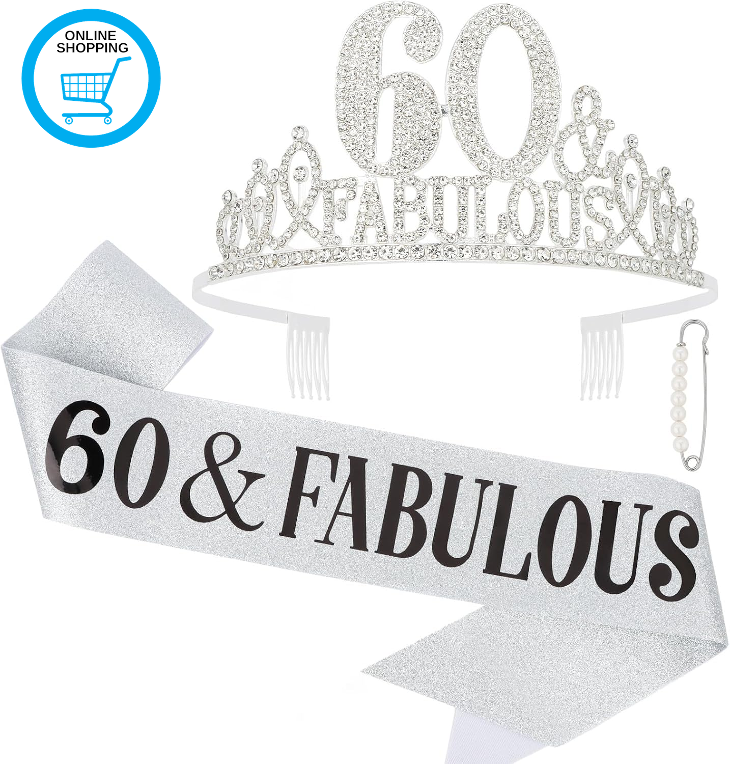 3 Pcs 60Th Birthday Sash and 60Th Tiara Rhinestone Crown Headband and Sash for W