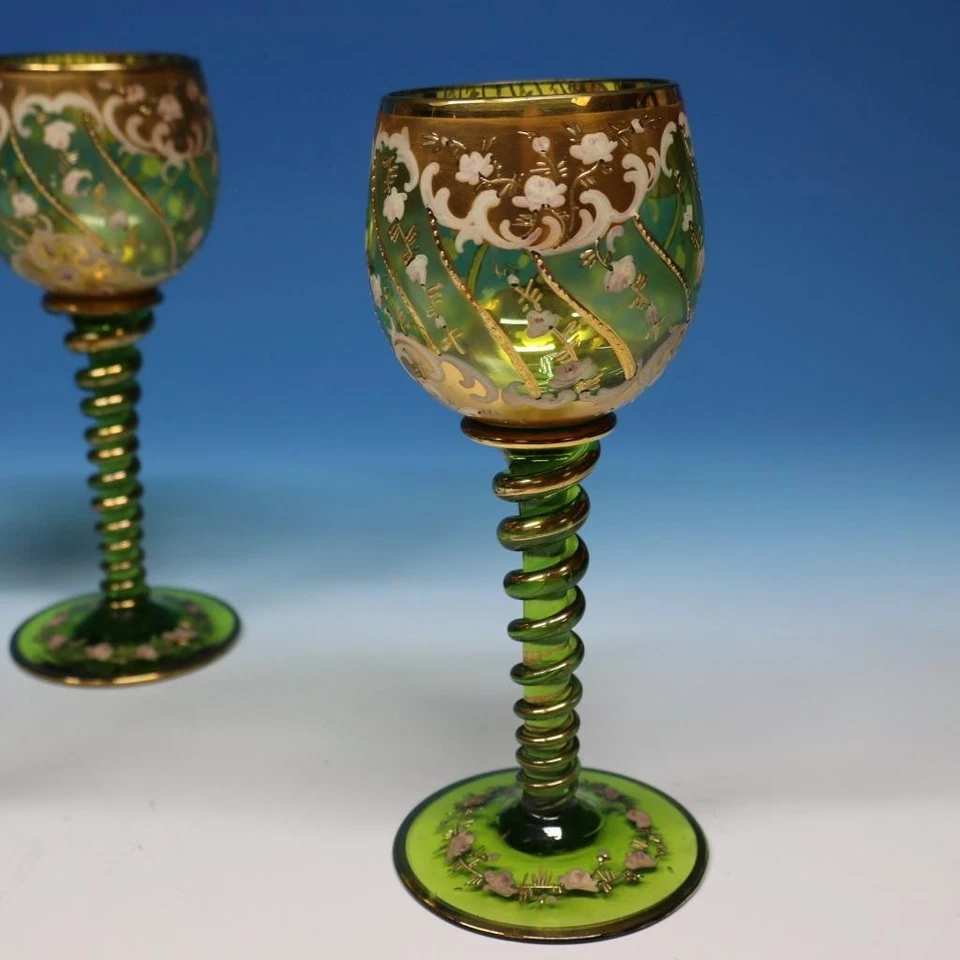 Bohemian Moser - эмалированные цветы - 4 бокала зеленого вина кубки со скрученными стержнями - Изображение 2 из 4