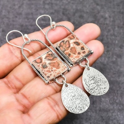Asteroid Jasper Gemstone Handmade 925 Sterling Silver Jewelry Earring 3.21''