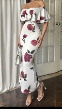 Floral Off Shoulder Ruffle Long Slimming Elegant Dress High Stretch Fabric sizeM