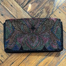VTG 80s Hand Beaded Black Clutch Evening Bag Gold Chain Strap USP 4021891