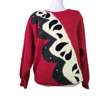 Vtg Albee Angora Blend Red Sweater w/ Velvet Appliqué & Sequins – Abstract 80s M