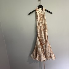 New Zara Woman Printed Dress With Belt Light Cottage core Beige High Collar Xl