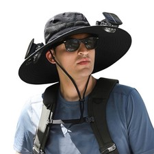 Outdoor Wide Brim Sun Black Hat with 2 Solar Fan Sun Bucket Hat for Men Women