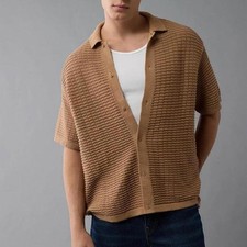 AE Weekend Textured Button-Up Sweater Polo Shirt brown size XL NWOT