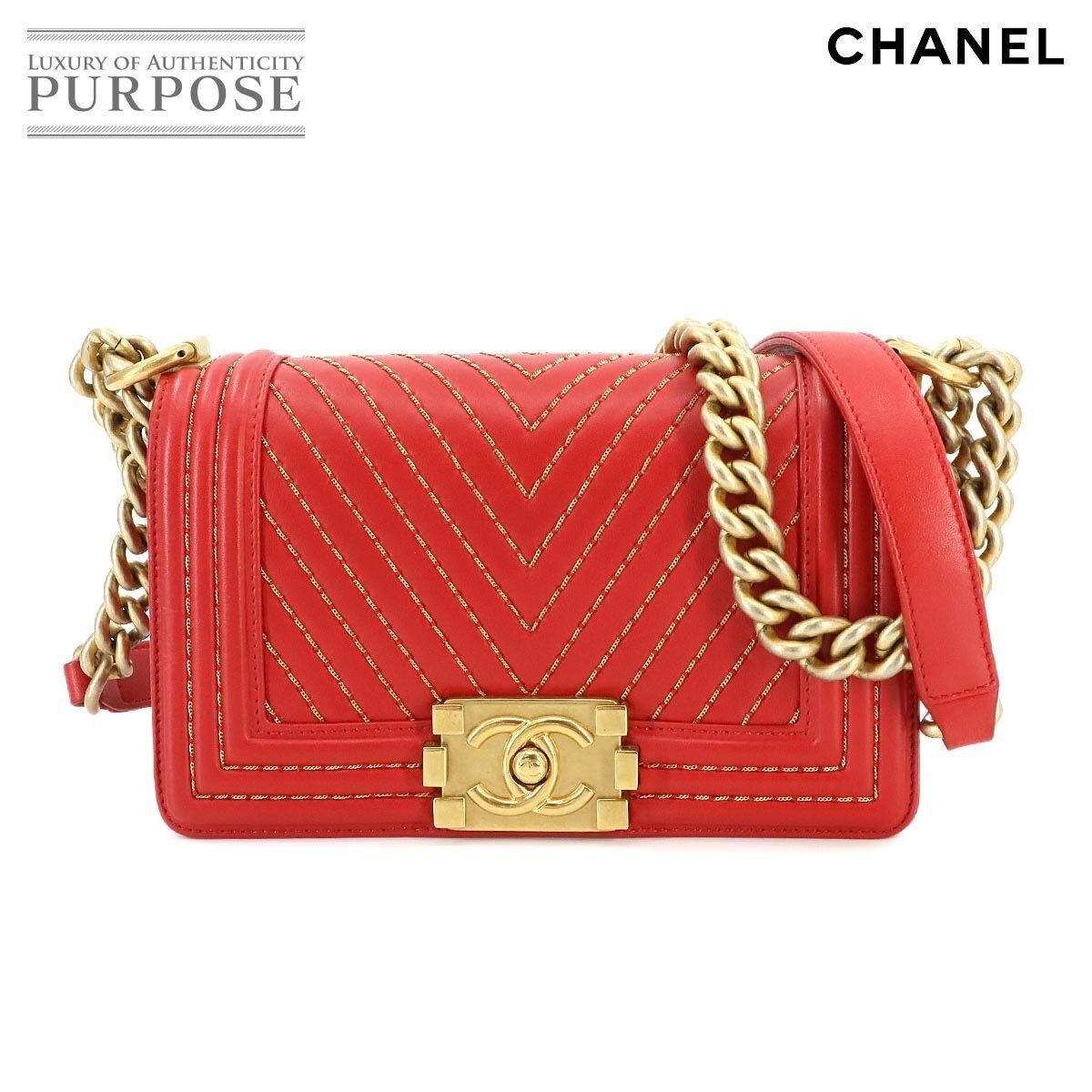 CHANEL Boy Small Chevron Leather Shoulder Bag Red Gold Hardware