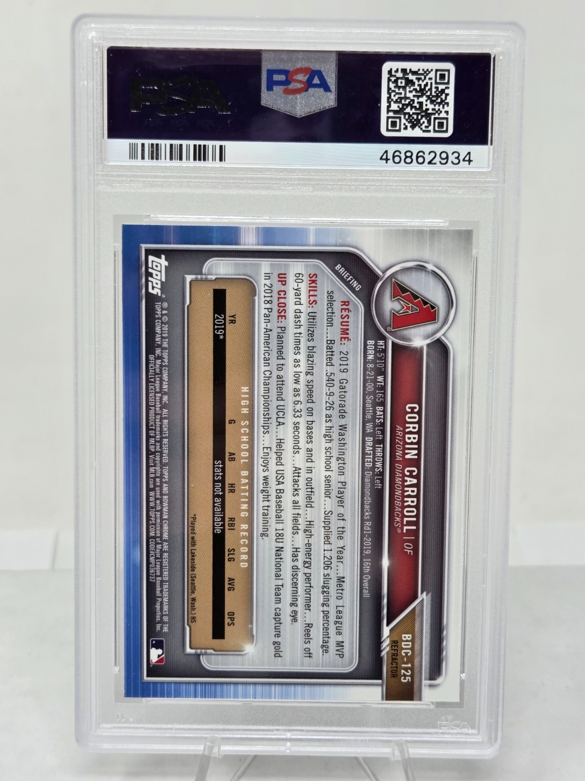 2019 Bowman Chrome Refractor CORBIN CARROLL RC CARD PSA 10 GEM MT view 2