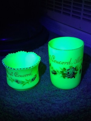 Pair Custard Uranium Glass Tumber, Bowl West Concord Minn Souvenir Hand Painted