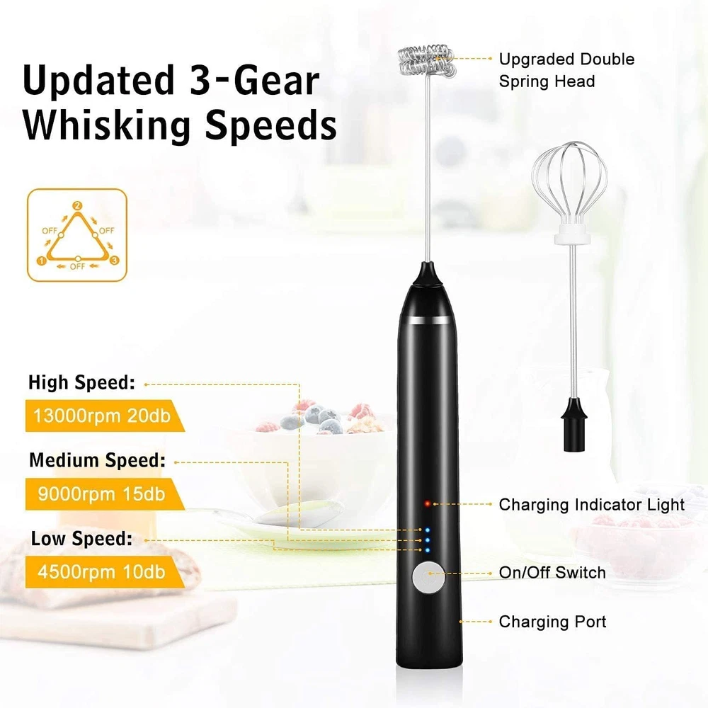 Milk Frother Handheld, Dallfoll USB Rechargeable Electric Foam Maker Black