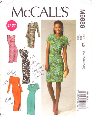 McCall's 6886 ~ Misses' Dresses:  Close-Fitting, Pullover, Necklines Vary, 14-22