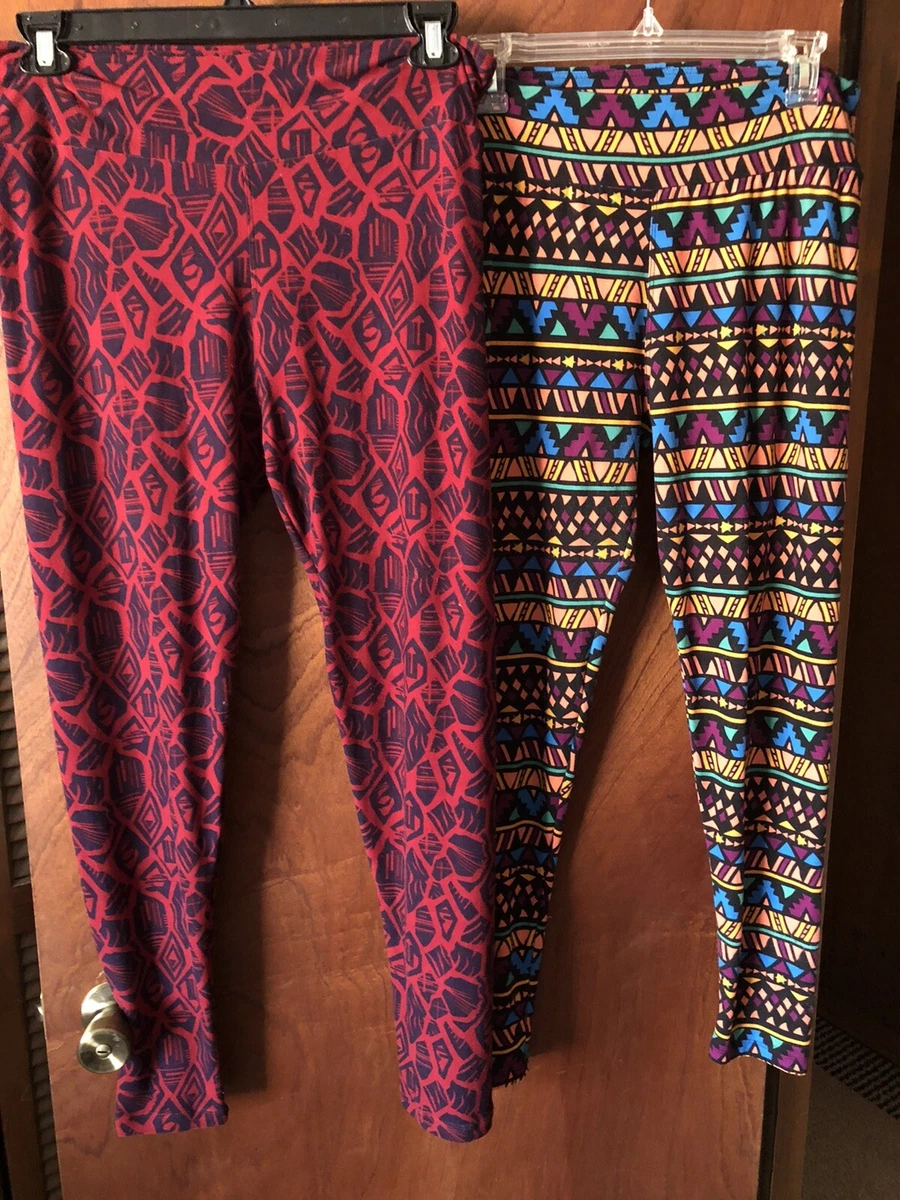 Lot Of 2 Lularoe TC Tall/Curvy Leggings Red & Blue/Tribal Pattern EUC