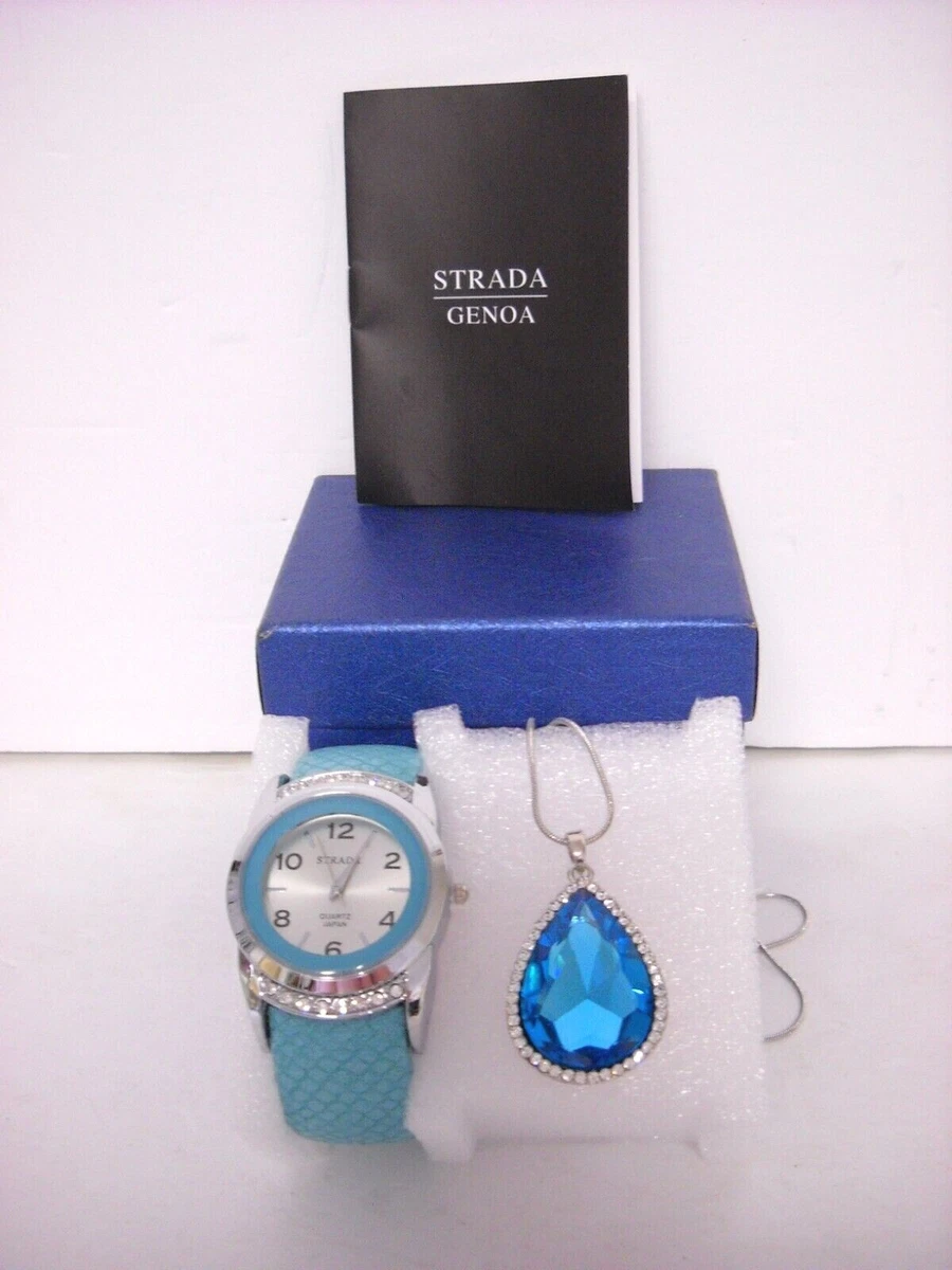 New Strada Genoa Watch Necklace Set Blue Adjustable Tear Drop Rhinestone