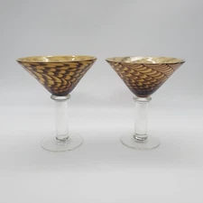 2 AMICI Tortoise Shell Pulled Feather Blown Glass Martini Glass, Heavy Glass