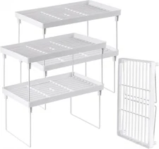 Stackable Plastic Kitchen Storage Shelf Foldable Rack 4-Pack Cabinet Organizer