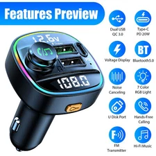 Bluetooth 5.0 Car Wireless FM Transmitter Adapter USB PD Charger AUX Hand-Free