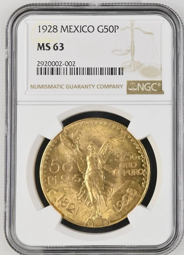 1928 Mexico Gold 50 Pesos, NGC MS 63
