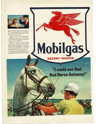 1941 Mobil Mobilgas Flying Red Horse polo match Howard Scott art Vintage Ad