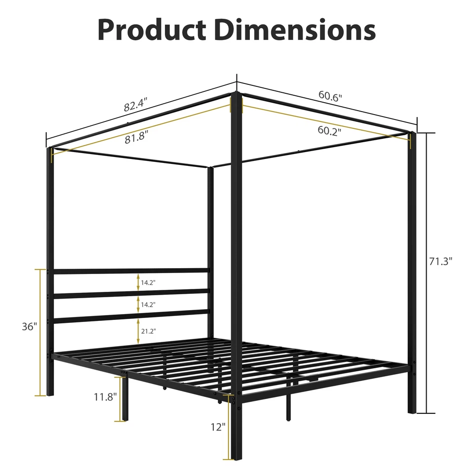 14" Queen Metal Canopy Platform Bed Frame with Headboard and Four Posters Black - Image 2 of 4