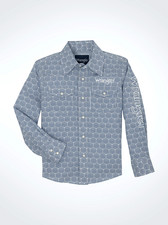 Boy's Wrangler Logo Long Sleeve Snap Shirt in Steely Blue Hexagons - 112359471