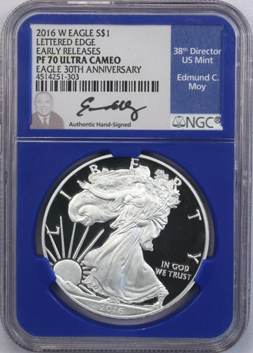 2016 W Lettered Edge American Silver Eagle Proof $1 NGC PF70 UCAM Moy Autograph