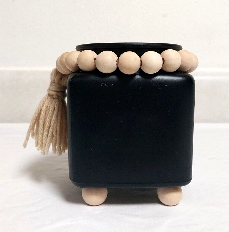 PAINTED GLASS VASE BLACK MATTE FOOTED W/ NATURAL WOOD BEADED TASSEL 5" T x 4" W - Image 4 of 4