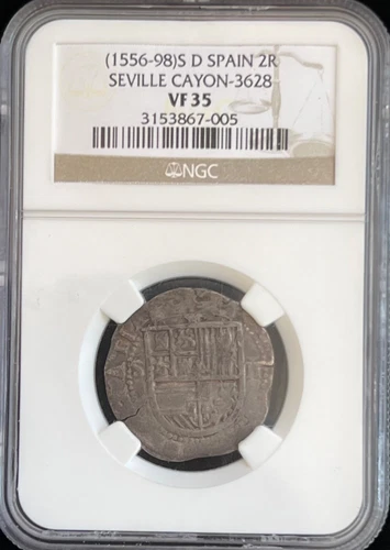Spain 2 Reales  (1556-98)S D  SEVILLE CAYON NGC VF  Treasure Shipwreckcoins