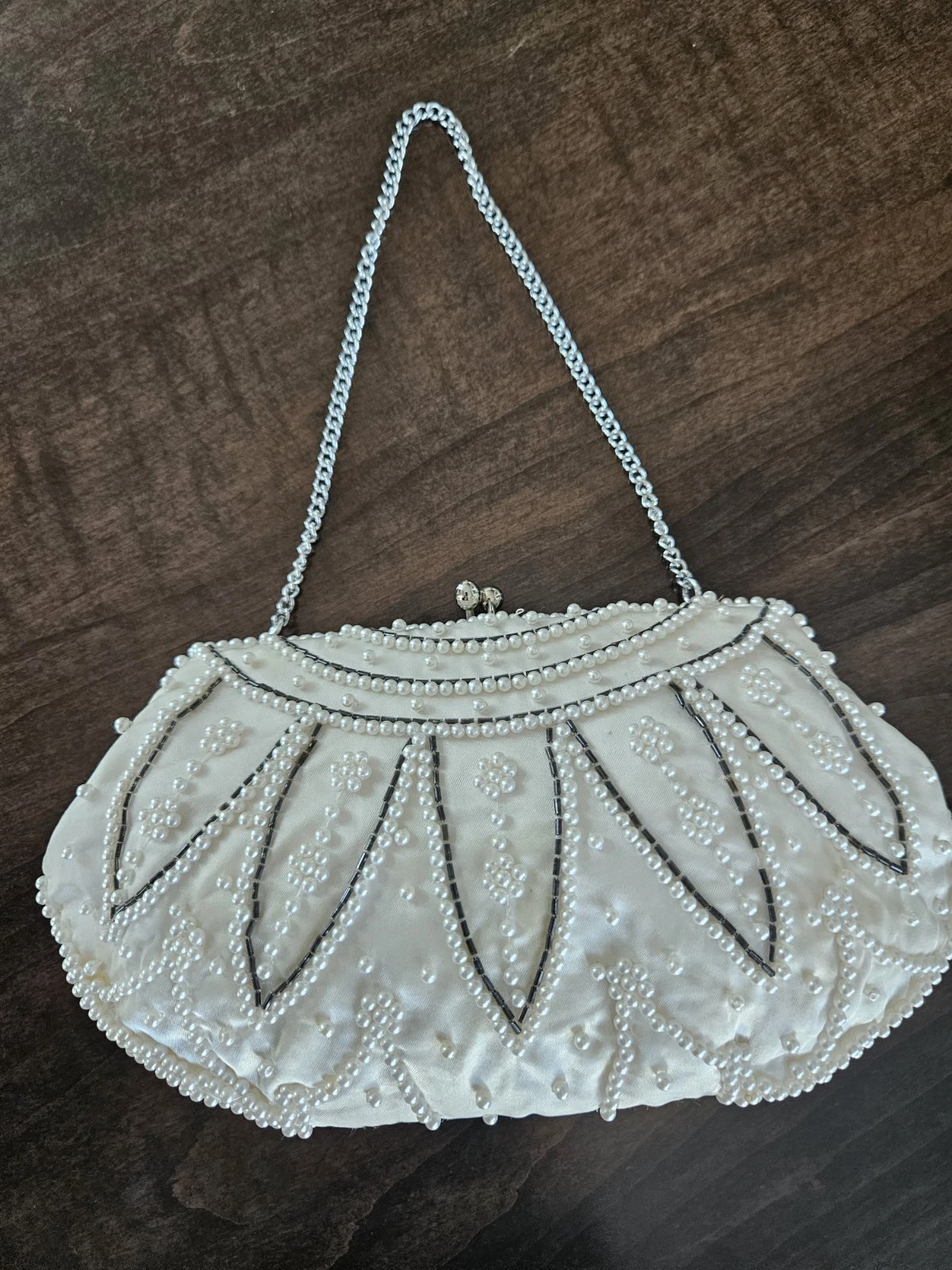 Vtg White Satin Pearl And Black Hand Beaded Elegant Evening Handbag Clutch EUC