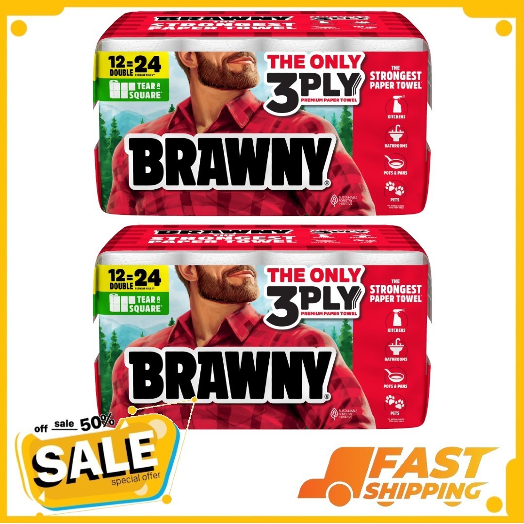 2P Brawny Tear-a-Square 3-Ply Paper Towels, 12 Double Rolls,
