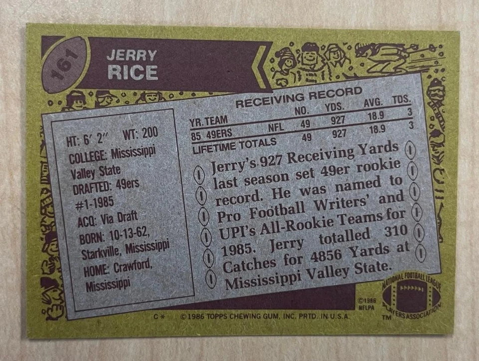 1986 Topps #161 Джерри Райс RC дебютант карта EX-MT San Francisco 49ers HOF GOAT - Изображение 2 из 2