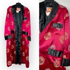 Vintage 60s Oriental Shanghai Satin Embroidered Smoking Jacket Robe Pink Size 46