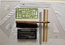 VTG LOT Drafting Instruments Staedtler Masterbow Triangles Scales Template Brush