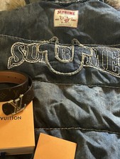 Supreme Men s Blue Solid Logo Puffer Jacket, ...
