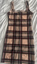 SHEIN Women's Plaid Dress Brown Burgundy Stripes Sheer, Size S
