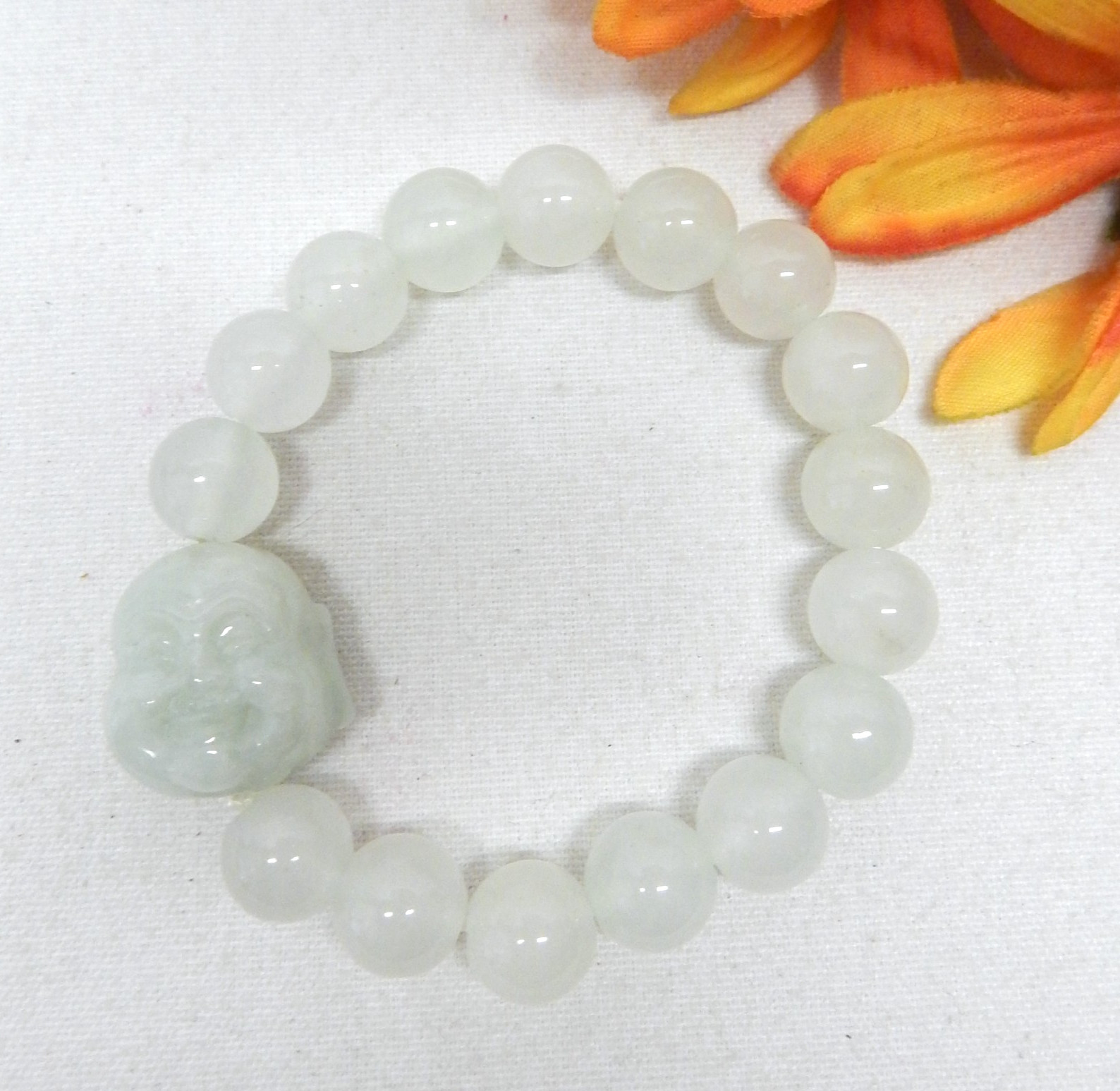 CARVED JADE GEMSTONE BUDDHA 8mm BEADED STRETCH BRACELET