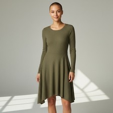 Lulus Skater Dress Womens S Olive Green Ribbed Knit Long Sleeve Sharkbite Hem