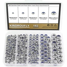 182 Pieces 304 Stainless Steel Lock Nuts, 5 Sizes Metric Locknuts, Nylon Inse...
