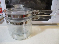 PYREX  Flameware Double Boiler & Lid 3 Piece Vintage Stove Clear Glass 6283 USA
