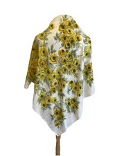 H79 Vintage 100 Pure Silk Scarf Yellow Roses Floral Print Cream White Square