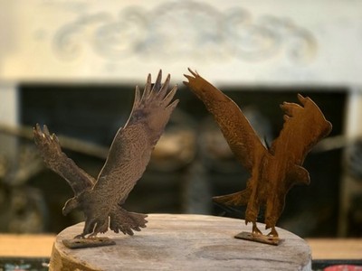 Studio Art Rusty Metal Lazer Cut Eagle Silloettes Fence/Post Sitters Set Of 2
