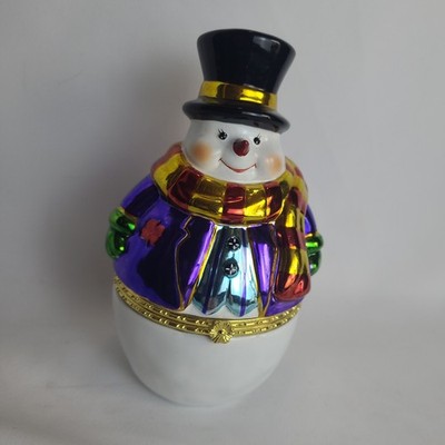 2004 Christopher Radko Chills Wills Ceramic Hinged Snowman Candy Dish Box 6''