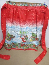 Christmas Print Half Apron Santa Sleigh Bells Holly Gifts Vtg Cotton Fabric MCM