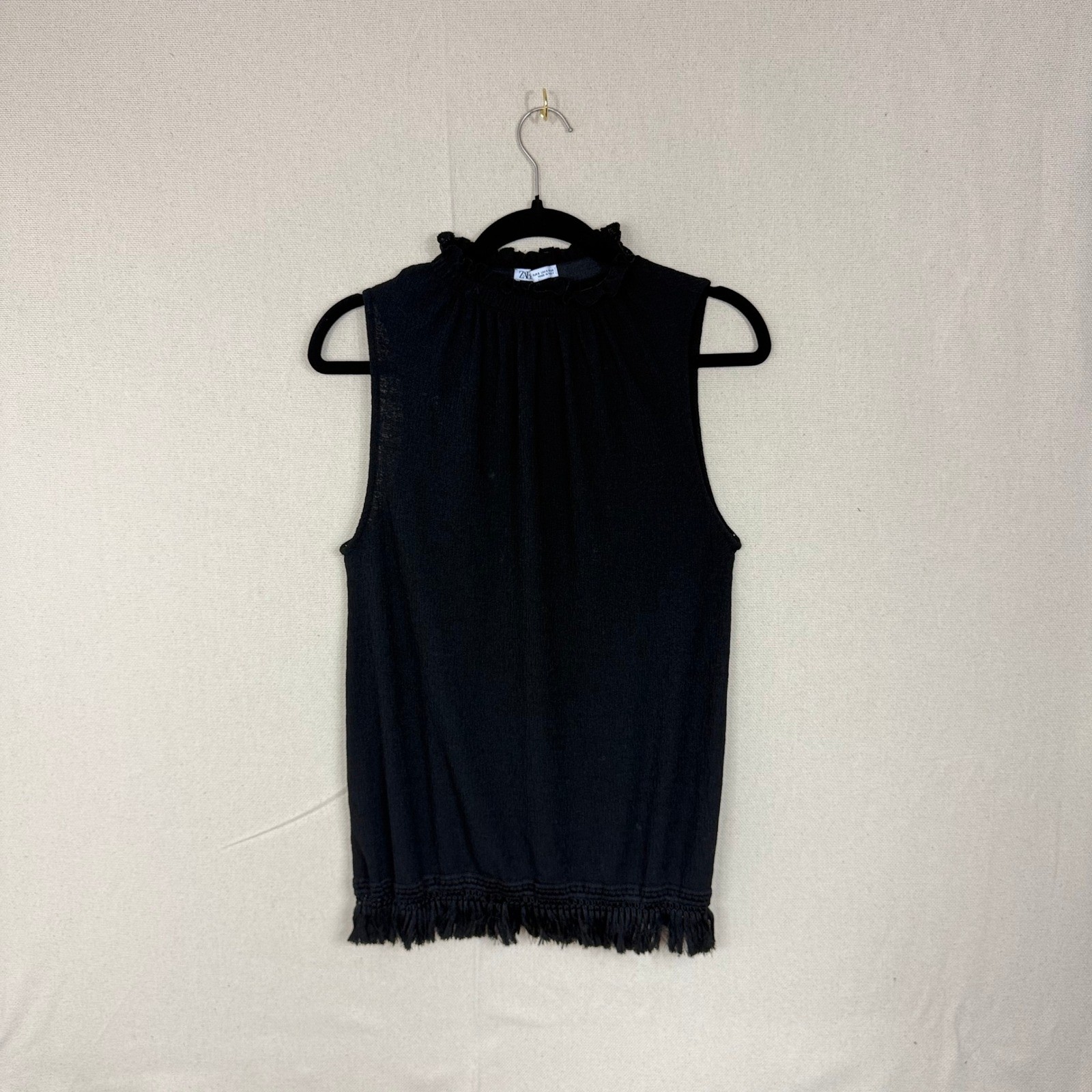 ZARA Black Sleeveless Mock Neck Fringe Hem Top Womens Size S