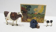 BRITAINS FARM 1950's LEAD FIGURE SET W/ BOX 1 MILKMAID 1 COW 1 CALF no. 5008