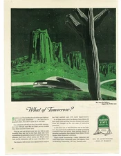 1945 Quaker State Motor Oil Futuristic Car in Desert Night WWII 7th War Loan Ad