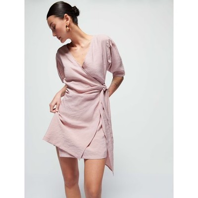 Nation LTD Meredith Tie Front Dress Lavendar Ice Pink Modal Wrap Mini S NWT Flaw