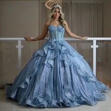 Blue Ruffles Quinceanera Dresses Ball Gown Sweetheart Lace-up Floor Length