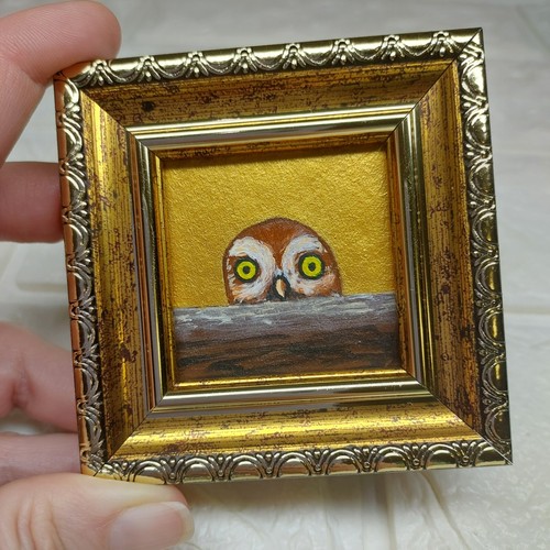 Pintura de búho pájaro original pintado a mano dorado pequeña obra de arte pintura enmarcada - Imagen 10 de 12