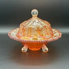 Fenton Marigold Butterfly Berry Carnival Glass Covered Butter Footed w Lid Rare